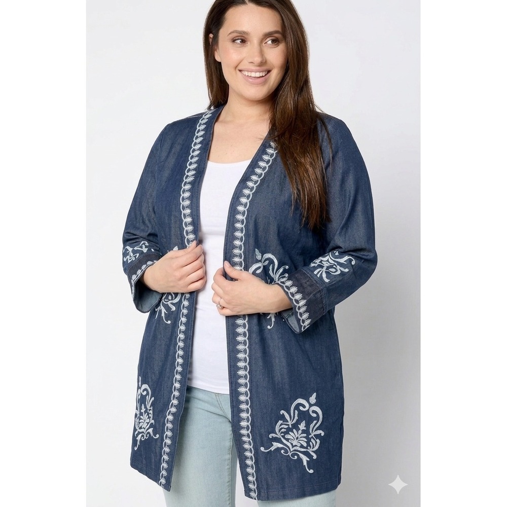 Boho Chic Embroidered Cottagecore Jacket Lyocell Denim Jacket Blue Size‎ 2XP